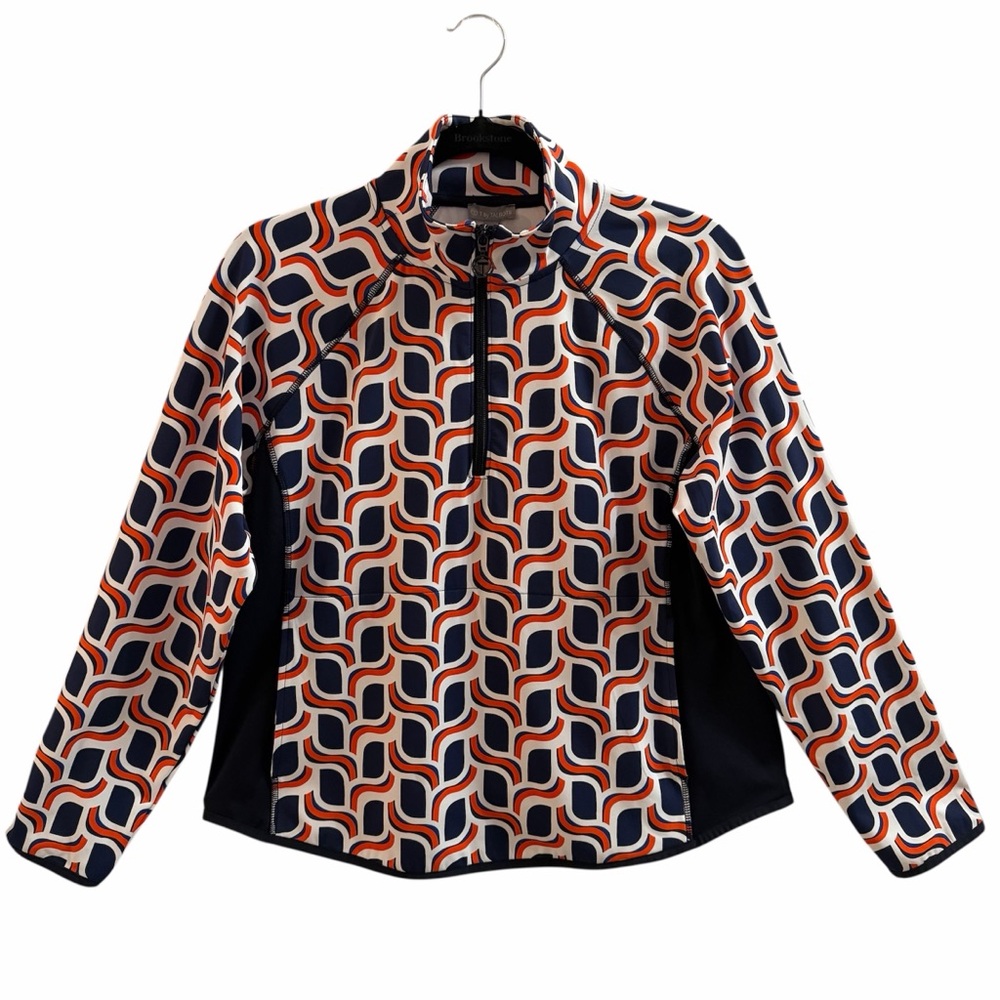 TALBOTS TOP, Sz PL, Geometric Print Half-Zip Pullover, Navy, White & Orange, NEW